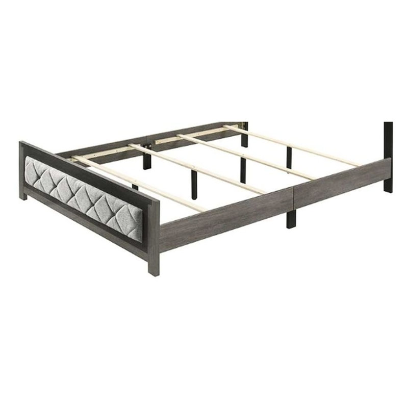 Grand lit avec finition et lin gris - tête et pieds rembourrés, style rembourré, support à 4 lattes, structure en bois, capacité de poids de 660 lb, sommier tapissier requis, Fb, look, pieds de soutien,