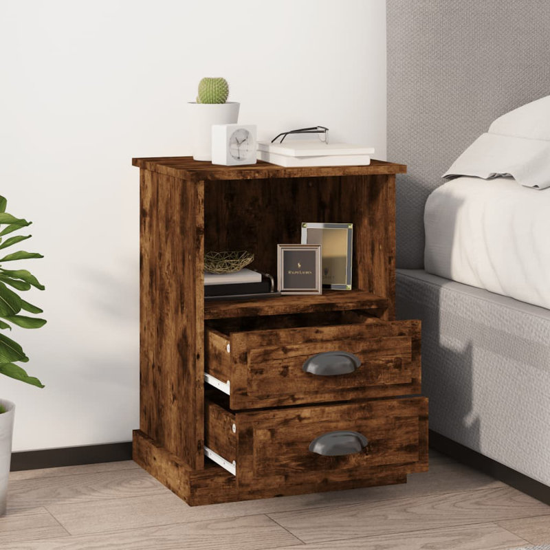 Colena 43cm W Particle Board / Chipboard Bedside Table, Smoked Oak