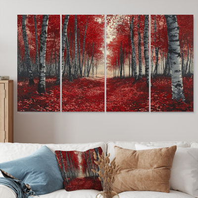 «Red Birch Trees Forest Path Panorama II», ensemble d'art sur toile