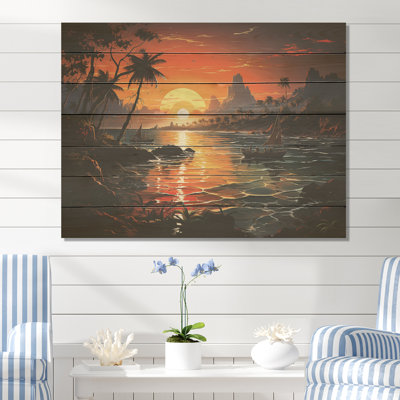 «Vintage Tropical Coastline Paradise V» - Tropical côtier sur impression sur bois