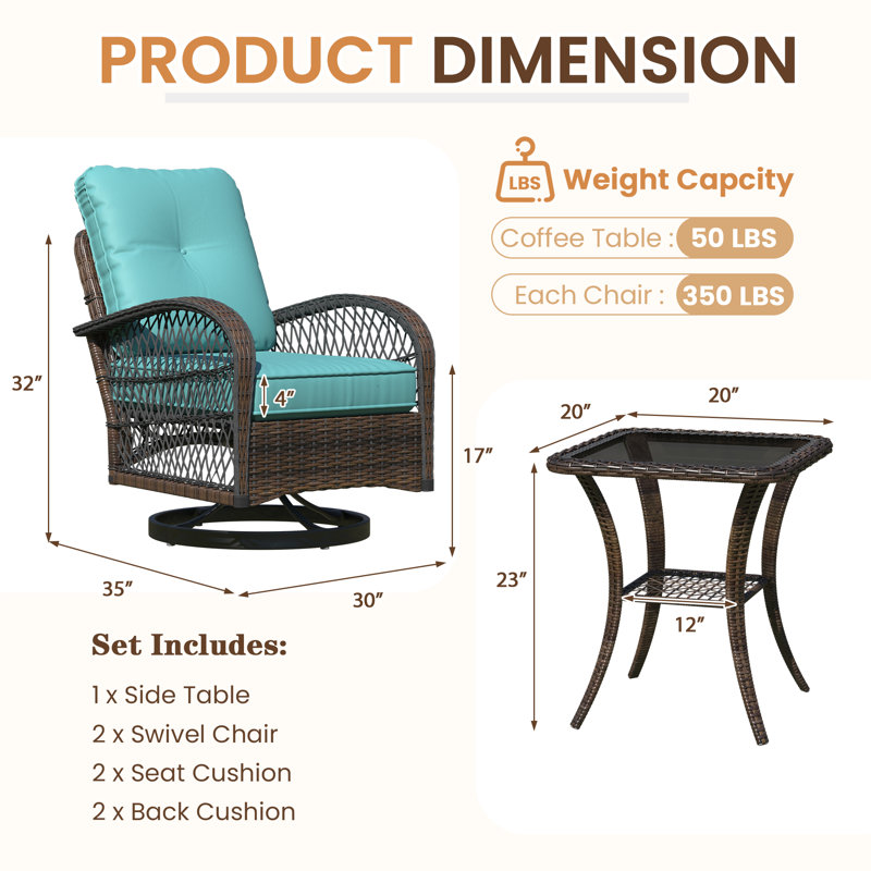 Outdoor Swivel Rocker Bistro Set - 3 Piece Wicker Patio Set With 2 Swivel Rocking Chairs, Cushions, And Tempered Glass Side Table, Perfect For Porch, Garden, Backyard, Poolside