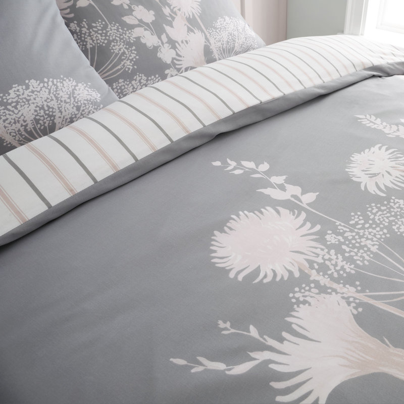 Meadowsweet Floral Reversible Duvet Cover Set with Pillowcases, King Duvet Cover + 2 Standard Pillowcases, Pink/Grey
