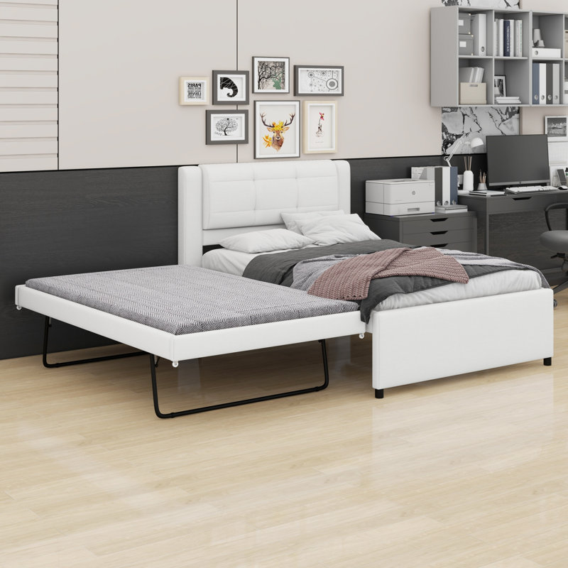Lit plateforme tapissier contemporain avec lit gigogne escamotable, Beige