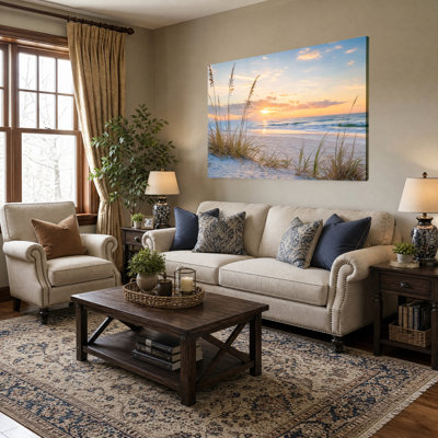Bord de mer, avoine, plage, coucher de soleil, impression sur toile, lever de soleil orange chaud, impression de paysage marin pour ferme, salle de bain, décoration de salon