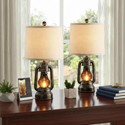 Country-Style Retro Lantern And Table Lamp Two-Piece Set, Made Of Resin With Dual USB Charging Ports, Includes 4 Bulbs, Suitable For Living Room, Bedroom, And Bedside Lamps.