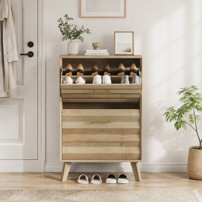 Slim Flip-Top Shoe Cabinet with Gold Handles