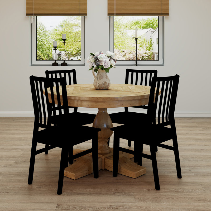 5-Piece Dining Set Mid-Century Modern Wooden Table & Upholstered Chair Set For Home, Kitchen, Dining Room, Natural, Black