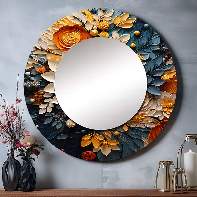 Pratheek orange sarcelle botanique tourbillon IV - grand miroir botanique, miroir mural décoratif rond moderne, impression d'art en métal