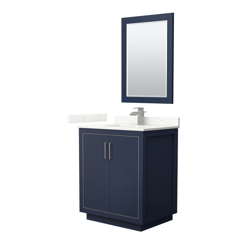 30'' Single Bathroom Vanity with Quartz Top, Dark Blue, Giotto Quartz, Brushed Nickel