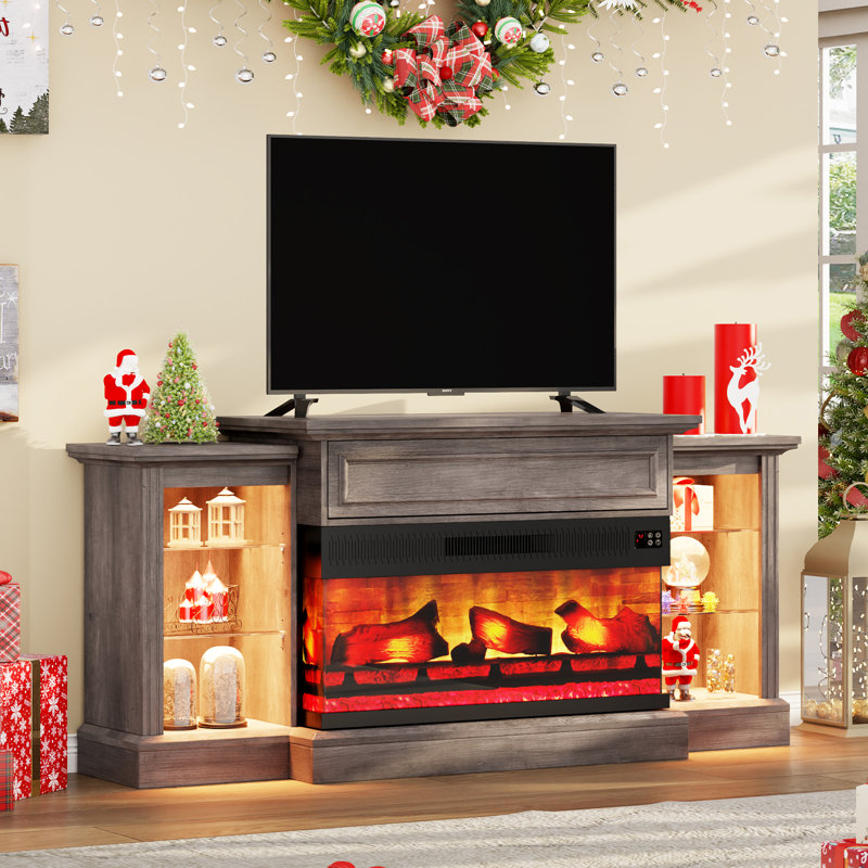 Alvilda 3-Sided Fireplace TV Stand with Adjustable Shelves & LED Light, 70", Rustic Gray