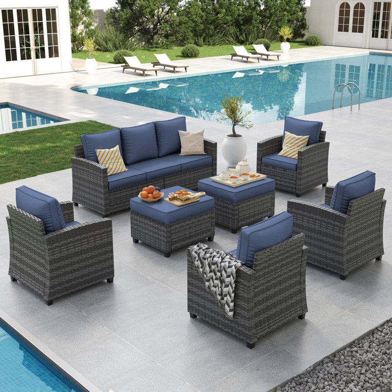 7-Person Outdoor Seating Group With Cushion, Navy, Gray
