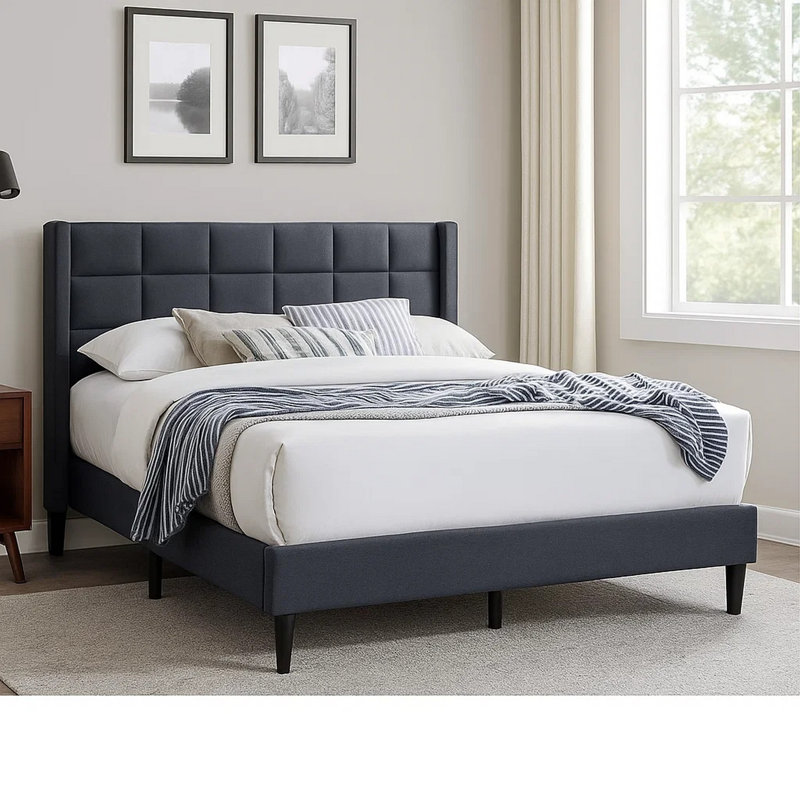 Linen Bed with Tufted Headboard, Gris anthracite, Grand lit