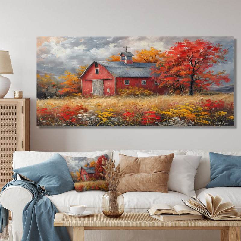 Automne rouge grange brise I - impressions encadrées de grange, H 28 po x l 60 po x P 1,5 po, Toile tendue
