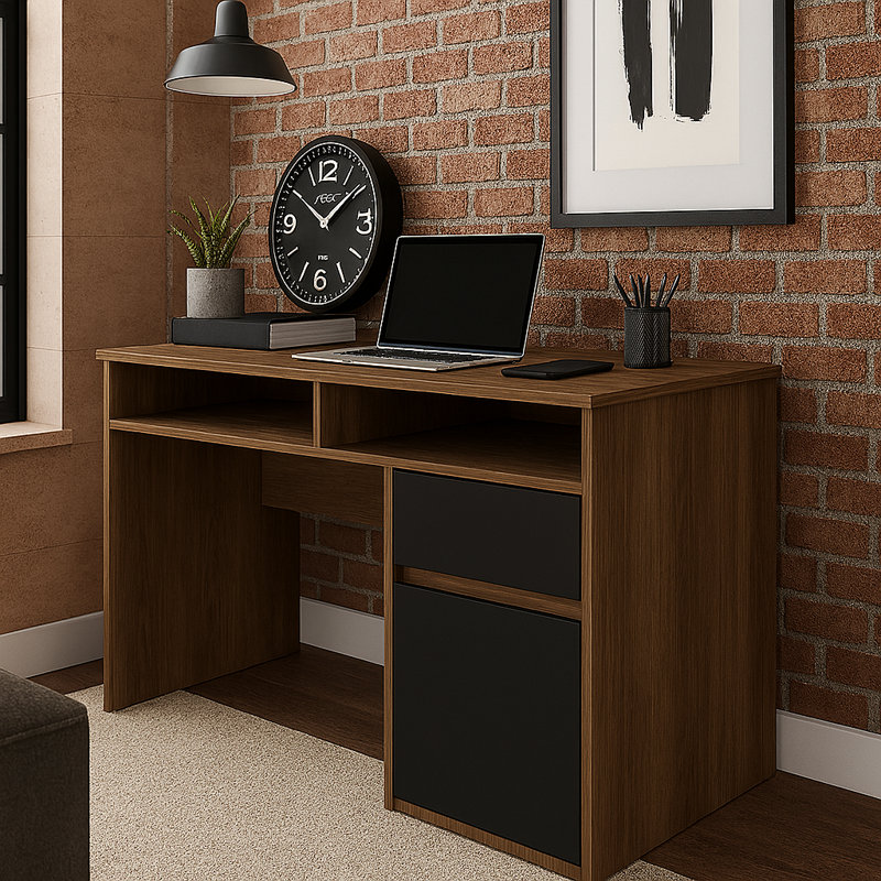 Isla 100cm W Writing Desk with Storage, Brown/Black