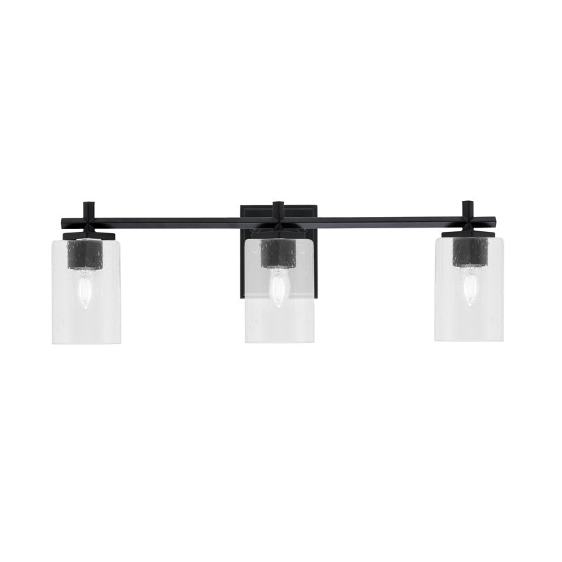 Mariko 3 Light Bath Bar Shown In  With 4" Clear Bubble Glass, 8.5" H x 25" W x 6.25" D, Matte Black, 3 Lights