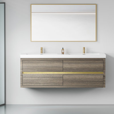 Meuble-lavabo de 60 po avec lavabo double, gris cendré et comptoir en pierre