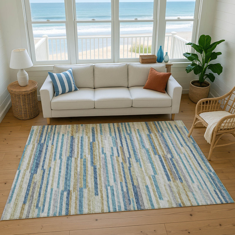 Tapis abstrait lavable à la machine de qualité supérieure Mayfield AMF114, Bleu, 10 pi x 14 pi