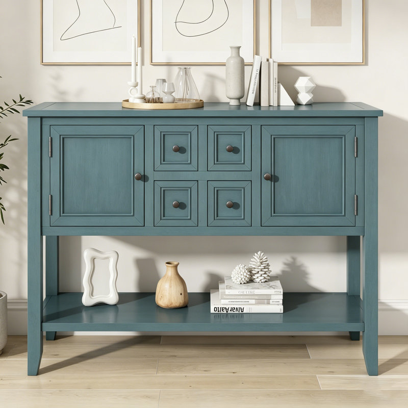 Grande console de rangement rétro Cambridge Series avec quatre petits tiroirs et une tablette inférieure pour le salon