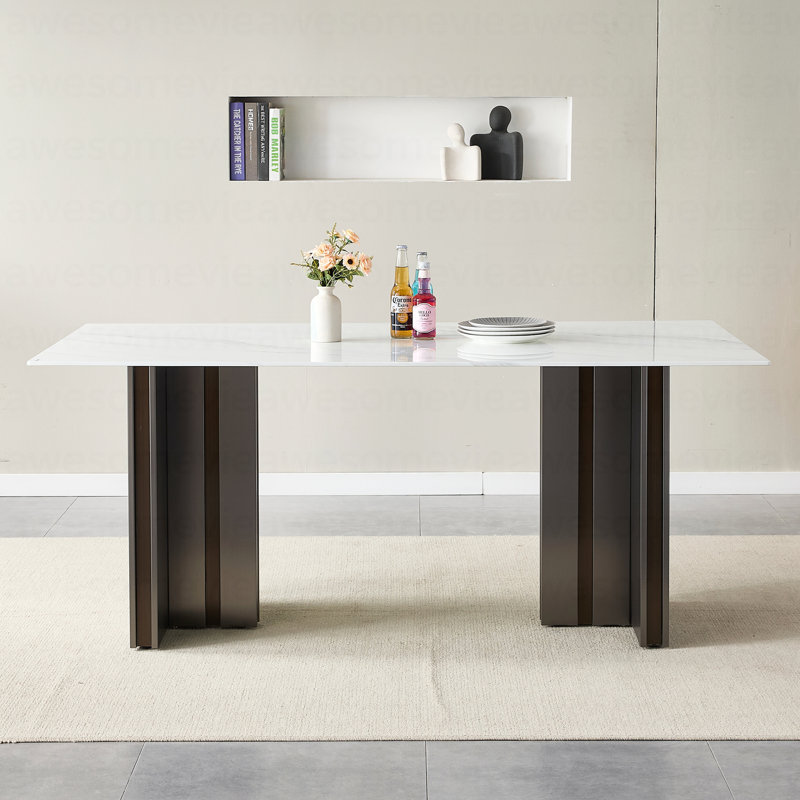 Table de salle à manger rectangulaire de 69,30 pouces de style moderne, en verre trempé avec plateau de table en marbre, pieds de table brossés mat, convenant à 4 à 6 personnes, marbre blanc, gris mat.