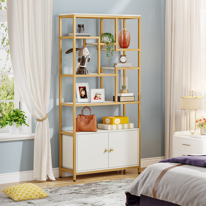 Everly Quinn White and Gold Bookcase with Doors & Reviews | Wayfair