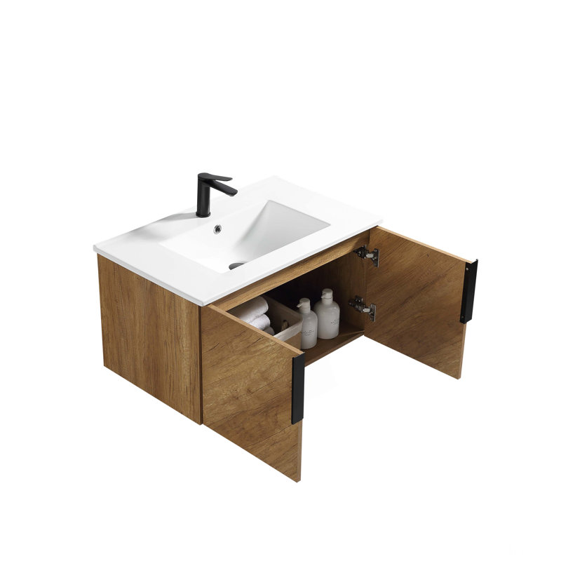 Meuble-lavabo mural 30 po avec panneau cannelé 3D et lavabo intégré en céramique