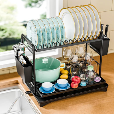 Sleek Minimalist Black Double-Layer Drain Rack With High Capacity, Built For Countertops To Efficiently Store Dishes And Utensils.