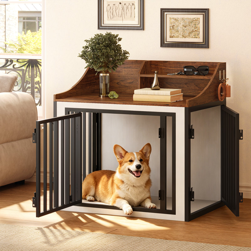 Cage de rangement en bois de 79 cm pour petit chien, niche d'intérieur avec 3 portes, 4 crochets et étagère de rangement, blanc et brun