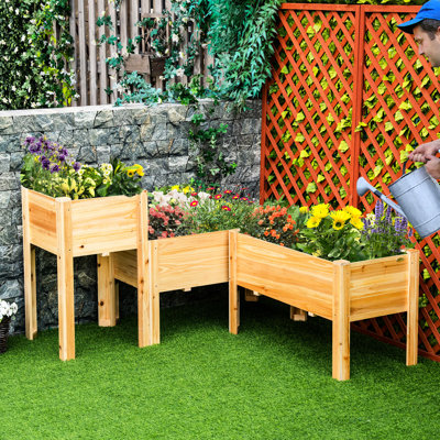 De 3 jardinières surélevées, boîtes à fleurs surélevées en bois avec pieds et doublures. Pour le patio. Cultivez des légumes, des herbes et des fleurs. Bois naturel. Respirant, règlement. Arrangement personnalisable.