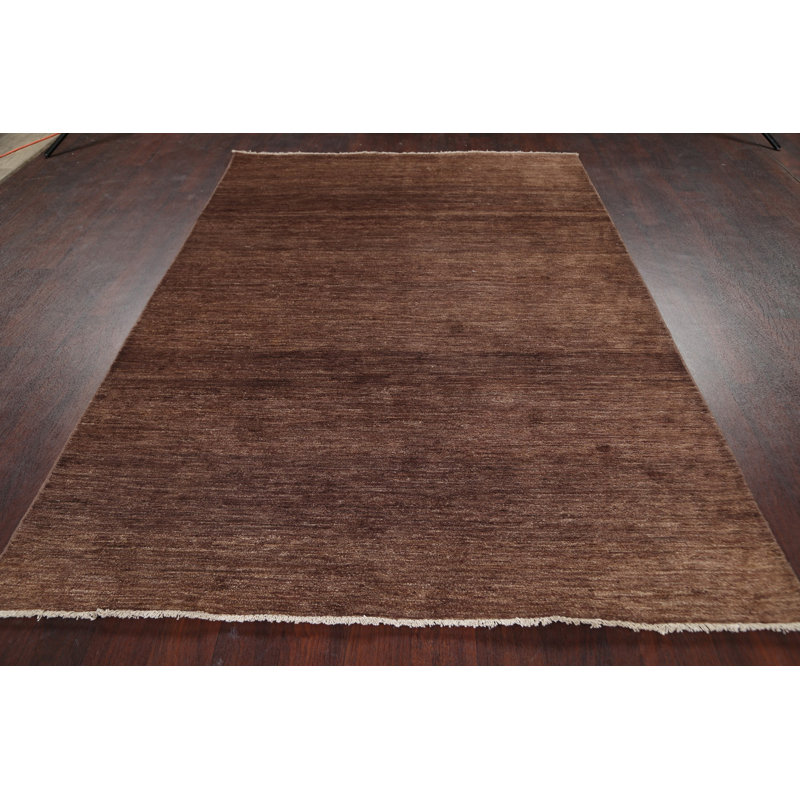 Tapis brun en laine noué à la main de conception unique 5 pi 7 po x 8 pi 1 po New Age