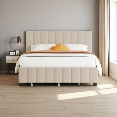 Grand lit plateforme tapissier en velours avec 2 tiroirs et 1 lit gigogne simple TG