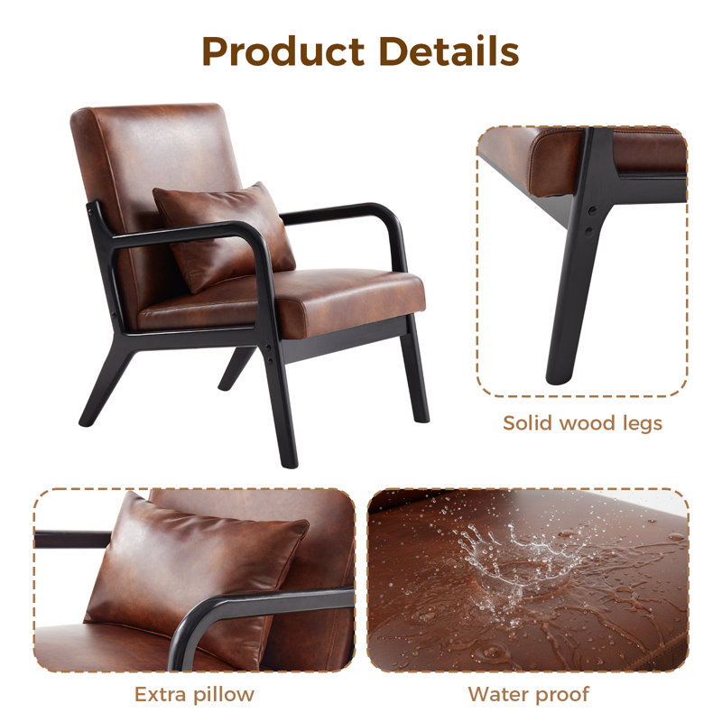 PU Leather Armchair With Solid Wood Legs And A Cushion（Set Of 2）, Brown