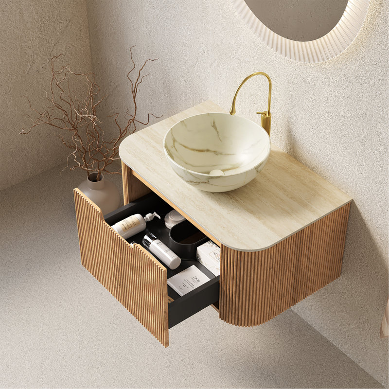 Meuble-lavabo de salle de bain, meuble de rangement rayé à bords arrondis avec tiroir, cuve en céramique blanc mat en céramique et plateau en pierre frittée à motif de travertin, pré-assemblé
