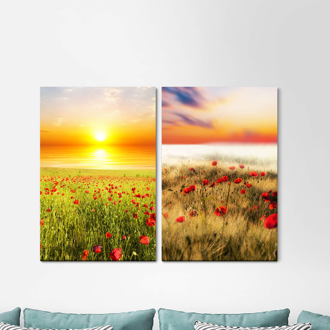 2-tlg. Leinwandbilder-Set - Grafikdruck „Poppy Field Poppies Summer Sun Sea Sunset Beach”