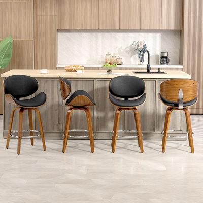 26" Swivel Counter Stool (Set Of 4), Mid-Century Modern Bar Stools With Faux Leather Upholstered And Electroplated Footrest