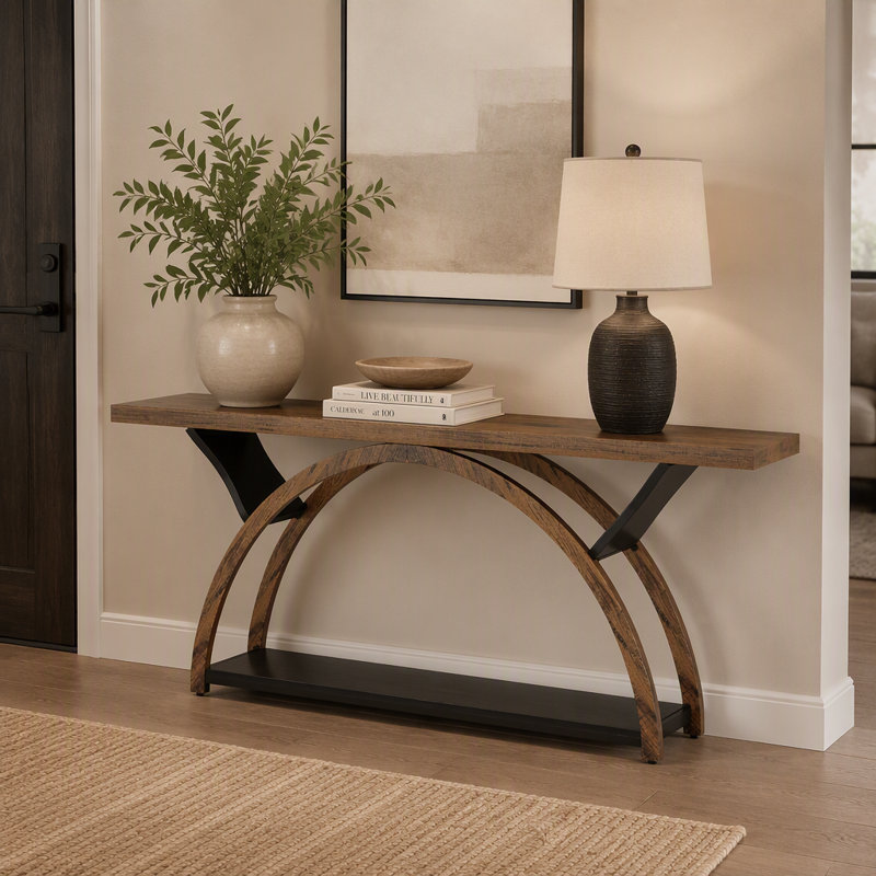 Console à 2 niveaux, table d'entrée 70,9 po avec structure en demi-lune, Brun