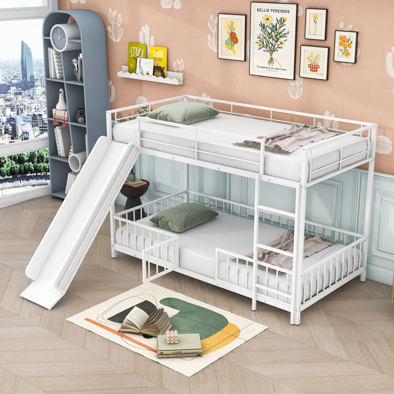 Twin Over Twin Metal Bunk Bed With Slide, Convertible Loft Design And Safety Guardrail, White