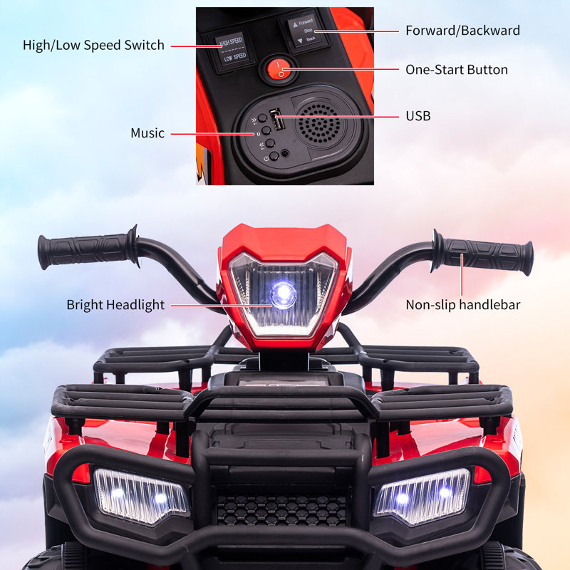 Red 12V Kids Quad ATV with LED Lights and Music