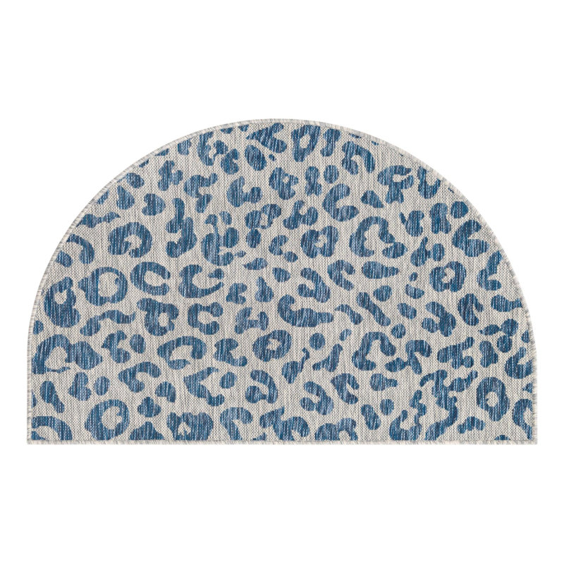 Munk Animal Print Blue/Gray Outdoor Area Rug, Half-circle 3'1" x 6'1"