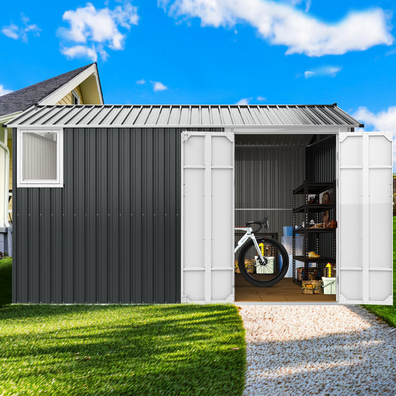 Remise extérieure 8 pi x 12 pi en métal avec plancher et poutre renforcée - Double porte d'évent gris foncé