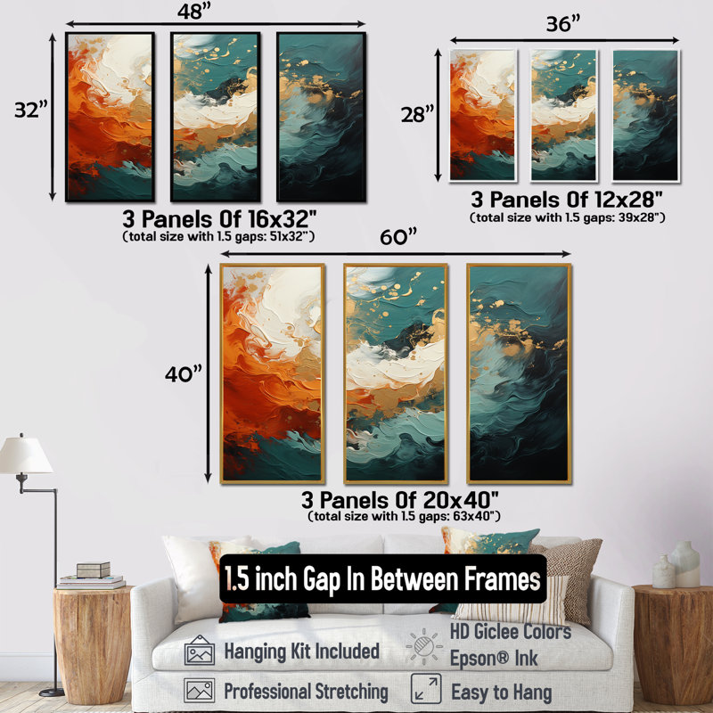 Orange et marbre doré, lave III - art mural abstrait, Cadre flottant noir, H 40 po x l 61 po x P 1 po
