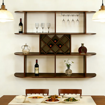 Support à vin mural en bois rustique à 3 niveaux avec porte-verres à pied - Grand rangement pour bouteilles et verres, décoration de bar et de salle à manger