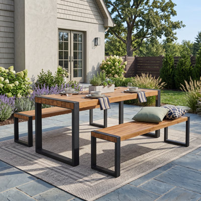 3-Piece Patio Dining Table Set With 2 Benches, Acacia Wood Top & Sturdy Steel Frame, Unique Tabletop Texture For All-Weather Indoor & Outdoor, Natural
