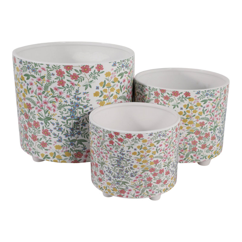 Pots de fleurs à motif floral pour intérieur ou extérieur - jardinière texturée - ensemble de 3, 12 po, 11 po, 9 po, jaune et bleu