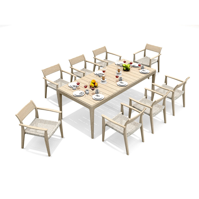 11 Pcs Grade-A Weathered Teak Wood Dining Set: 98" Sema Rectangle Table  And 10 Amilo Stacking Arm Chairs #11AM3310, 8