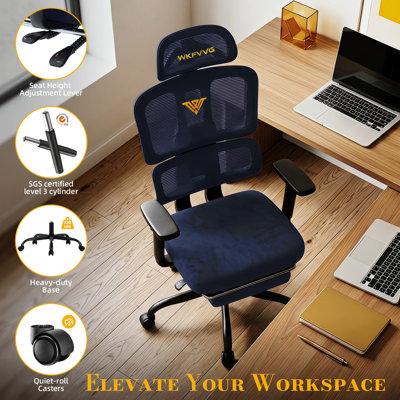 Chaise de bureau ergonomique avec repose-pieds, bleu marine | Chaise d'ordinateur à dossier haut en filet avec support lombaire pour la tête d'ordinateur - Chaise confortable avec accoudoirs 3D