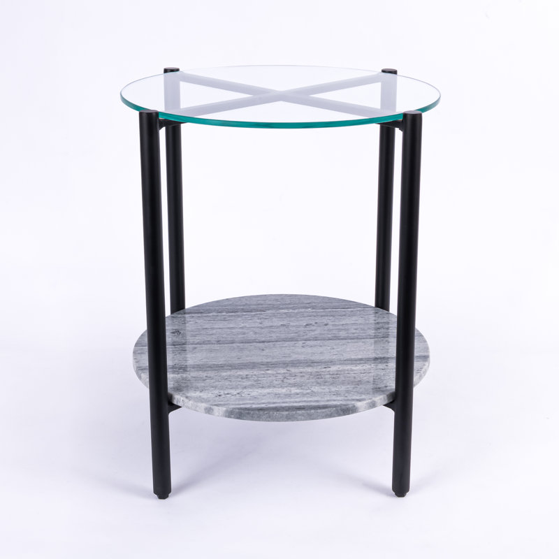 Ansted Marble/Glass Top End Table with Storage, Gray, Black