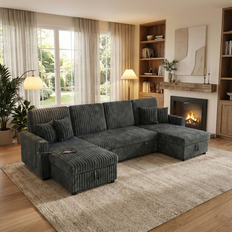 Oversized 110.6" U-Shaped Corduroy Sleeper Sectional Sofa with Pull-Out Bed and Storage Chaise, Blue/Gray