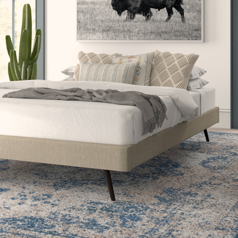 Loryn Bed Frame with Round Splayed Legs, Queen, Beige Polyester Blend