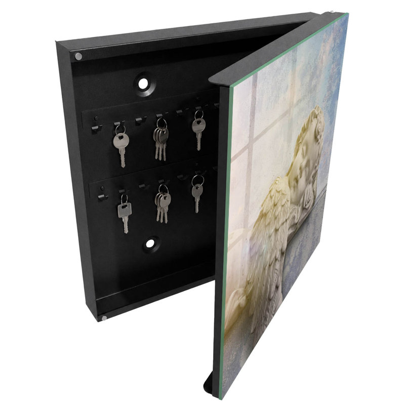 Decorative key box for wall, Opens to the left, 30x30x5, White, The peace of an angel with a background full of warm colors, 