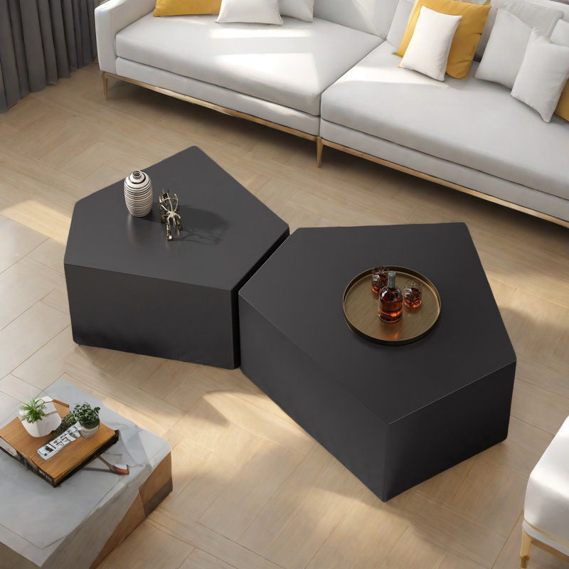 Felesha Irregular Pentagon Nesting Coffee Table Set with Hollow Design, Black